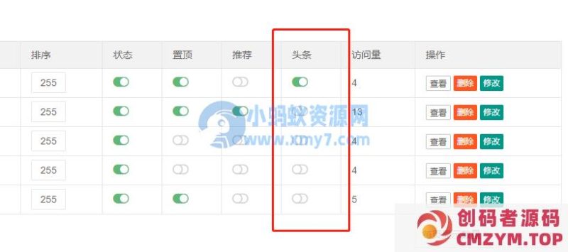 PbootCMS后台内容列表增添头条显示开关-创码者资源网