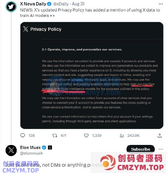 X（推特）调整隐私政策，可拿用户发布的信息训练 AI 模型-创码者资源网