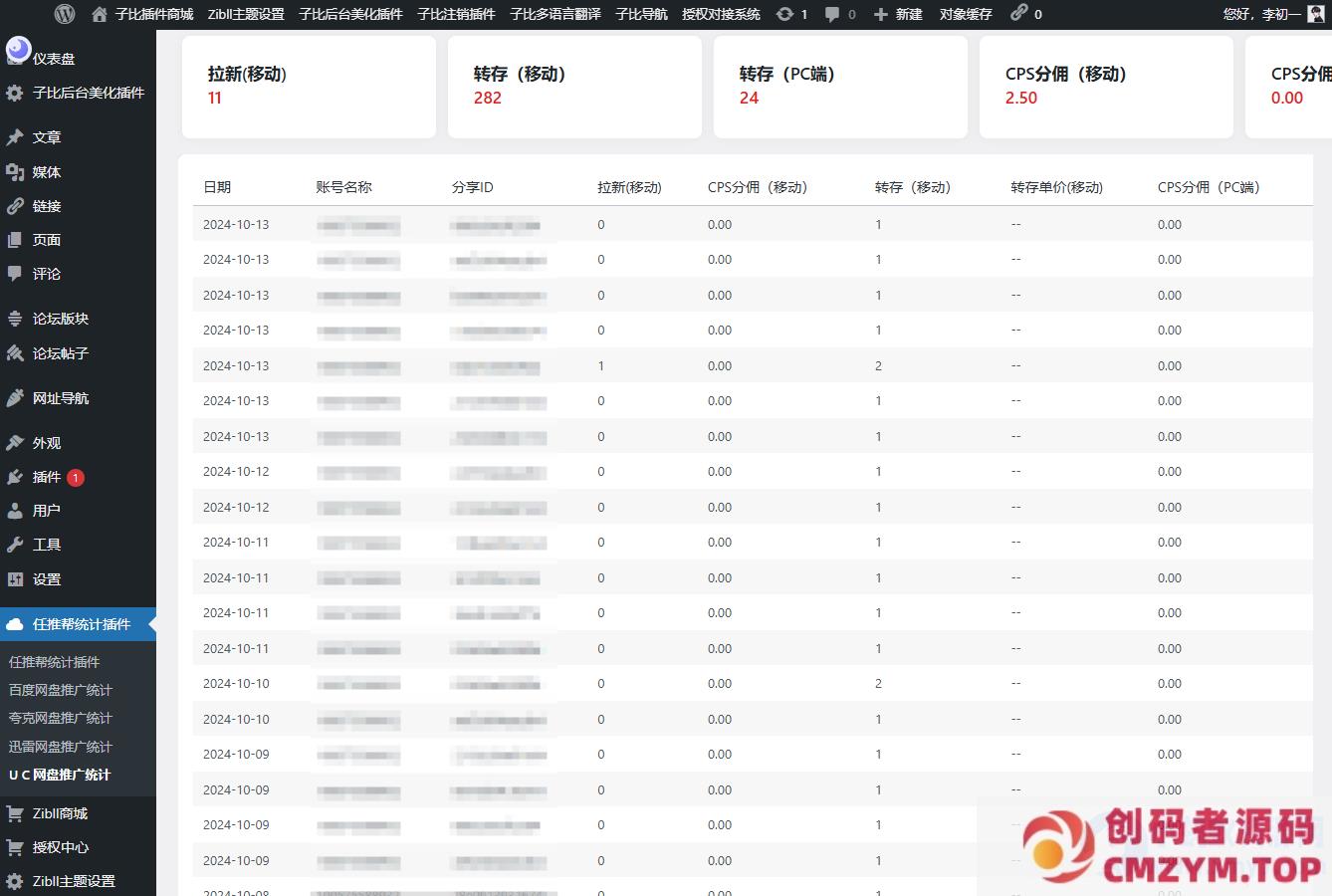 WordPress任推帮网盘拉新数据统计插件-创码者资源网
