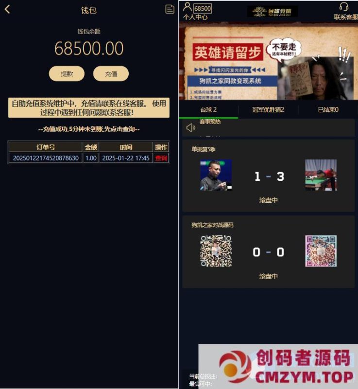 游戏胜负竞猜系统源码/台球有奖竞猜/自定义赛事/冠军优胜猜-创码者资源网